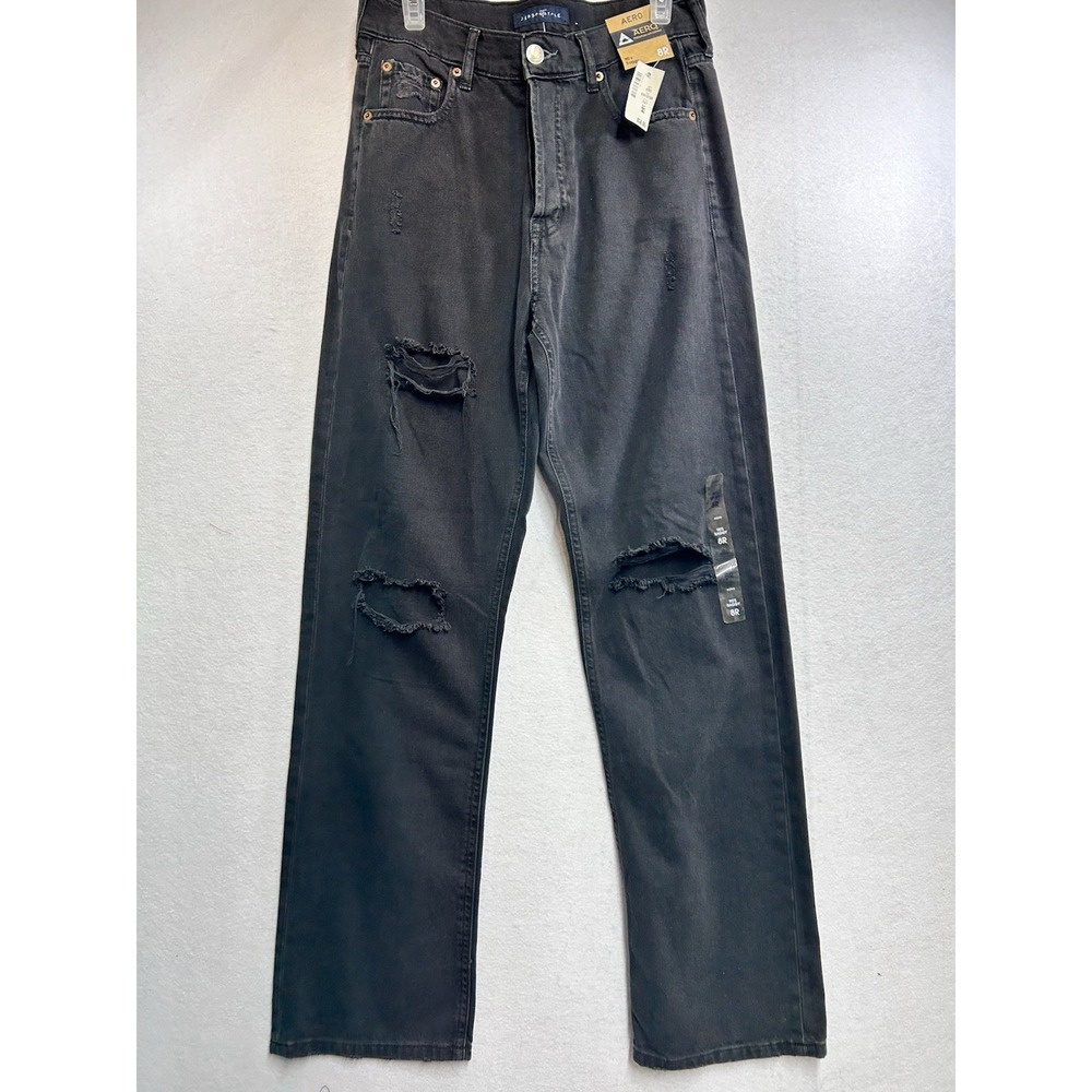 Aéropostale 90s Baggy Black Denim Jeans Distressed High Rise Button Fly 8R NWT